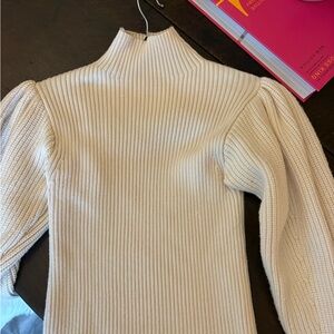 Zara Cream High Neck Puff Shoulder Knit Sweater